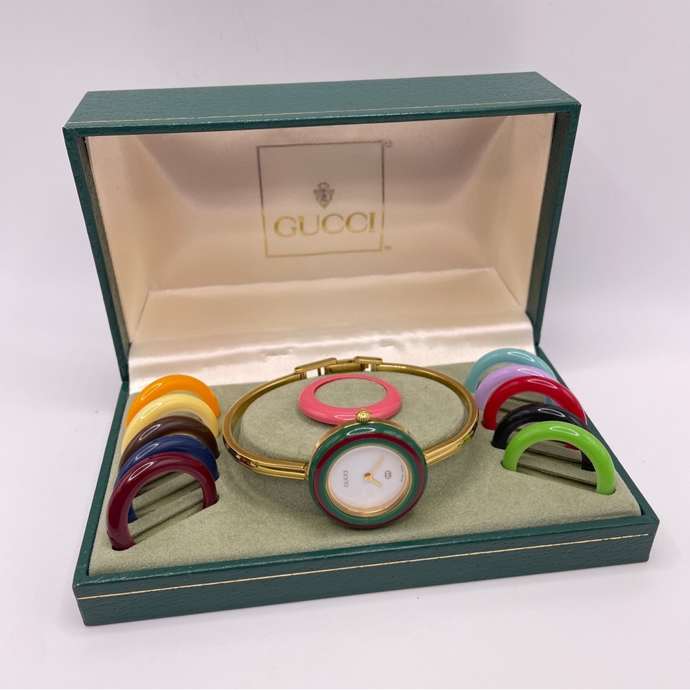 Gucci Gold and Green Luxury Watch with Interchangeable Bezels